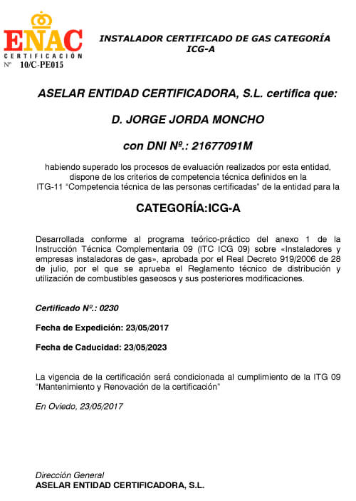 Certificado Gas Aselar